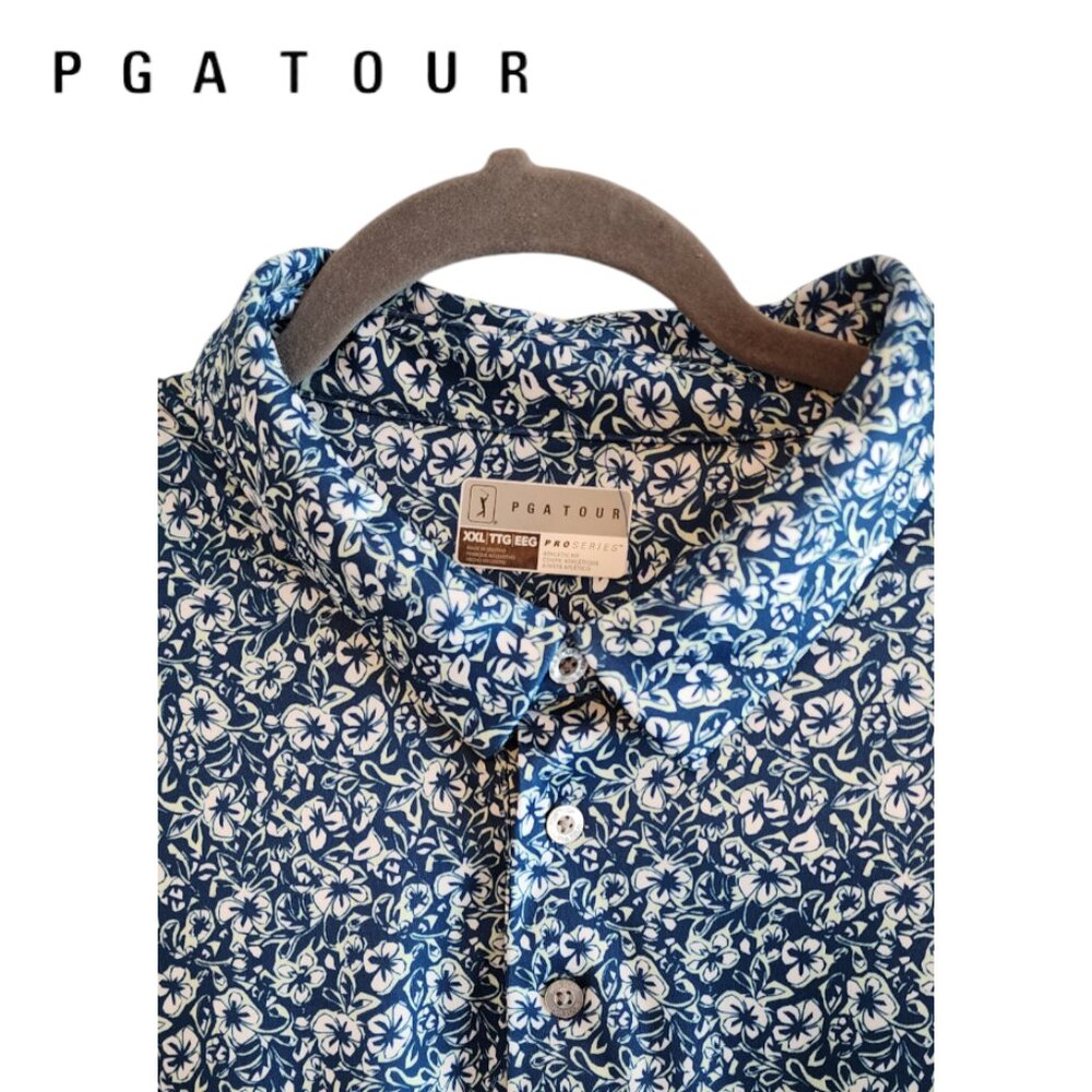 PGA Tour XXL Short Sleeve Floral Golf Polo Shirt Blue